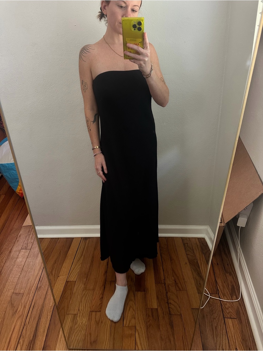 See You Monday Black Satin Strapless Midi Dress